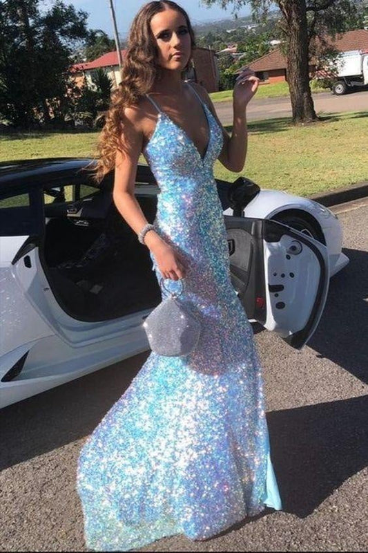 White Sequins Mermaid V Neck Sparkly Prom Evening Dresses,Maxi Dress