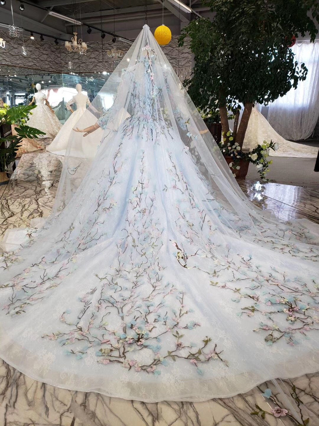 Stunning Light Blue Long Sleeve Wedding Dresses High Neck Quinceanera Dresses JS772