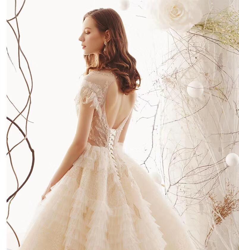 Elegant High Neck Ball Gown Wedding Dresses Short Sleeve Quinceanera Dresses JS773