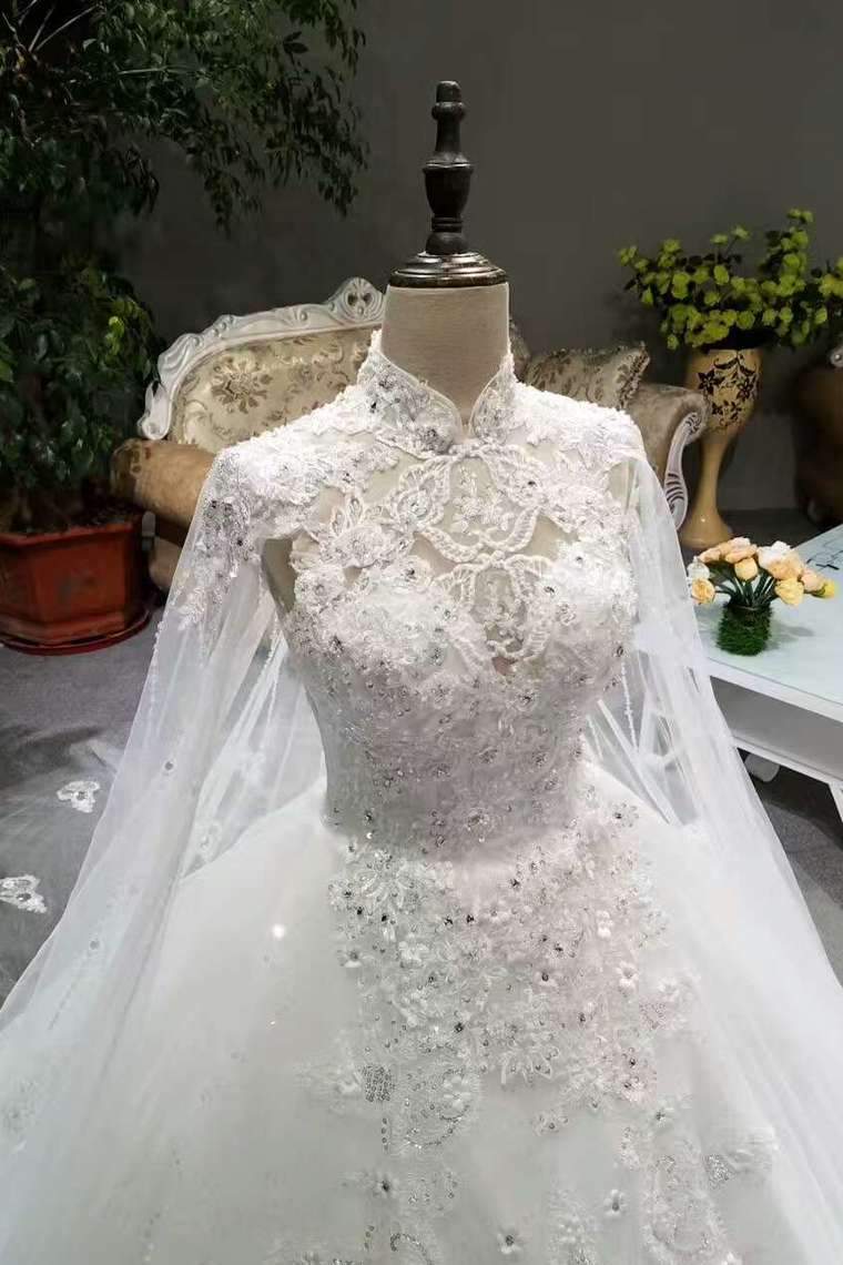 Classical Floor Length Wedding Dresses High Neck Tulle Lace Up With Sequins Appliques Long Shoulder Veils