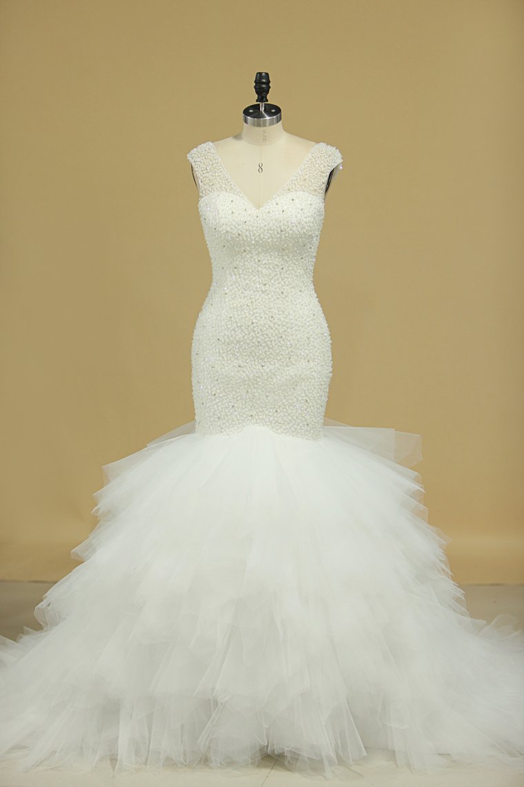 Wedding Dresses V Neck Beaded Bodice Tulle Mermaid Court Train