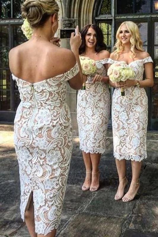 Unique Mermaid Off the Shoulder Ivory Lace Sweetheart Bridesmaid Dresses with Slit SJS15540