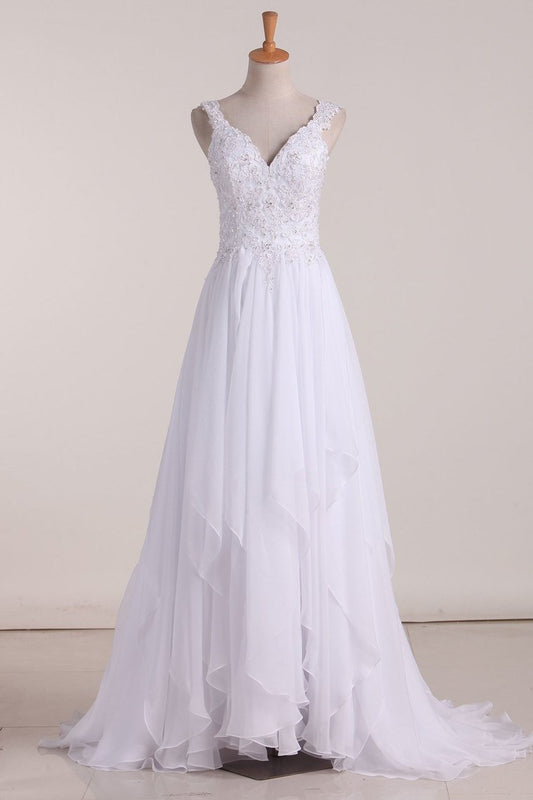 2024 A Line Straps With Applique Wedding Dresses Chiffon Sweep Train