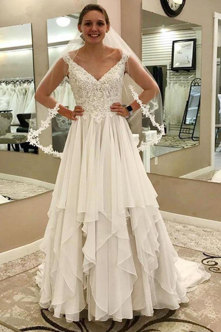 Ivory Lace Chiffon Long V-Neck Elegant Wedding Dresses Modest Wedding Gowns