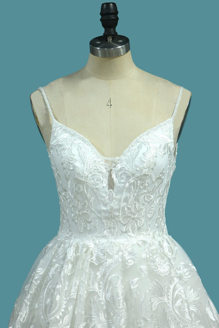 A Line Lace Wedding Dresses Spaghetti Straps With Beads Sweep Train