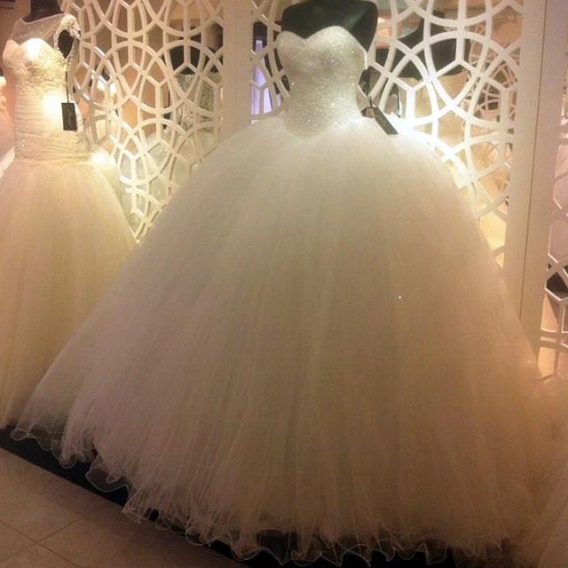 Sparkly Ball Gown Tulle Strapless Ivory Wedding Dresses, Long Bridal Dresses SJS15429