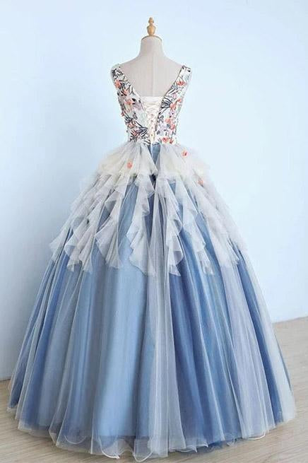 Princess Ball Gown Appliques Blue Tulle Prom Dresses, Sweet 16 Dress, Quinceanera Dress SJS15289