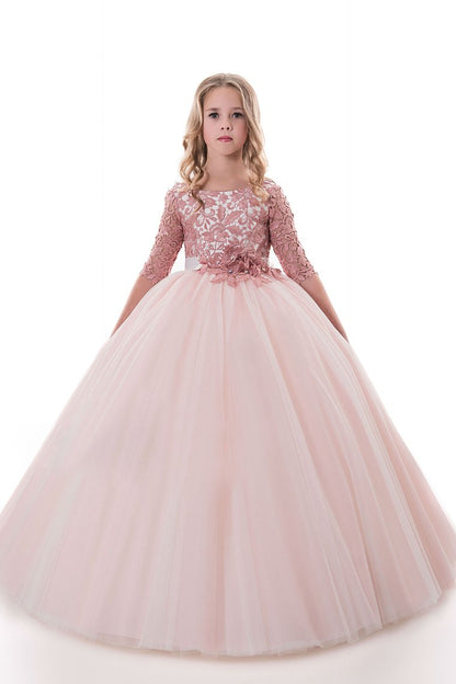 2024 Tulle Scoop Flower Girl Dresses Ball Gown Mid-Length Sleeves With Sash