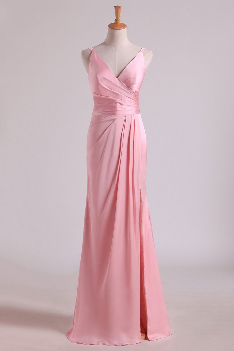 2024 Bridesmaid Dresses V Neck A Line Chiffon With Slit And Ruffles