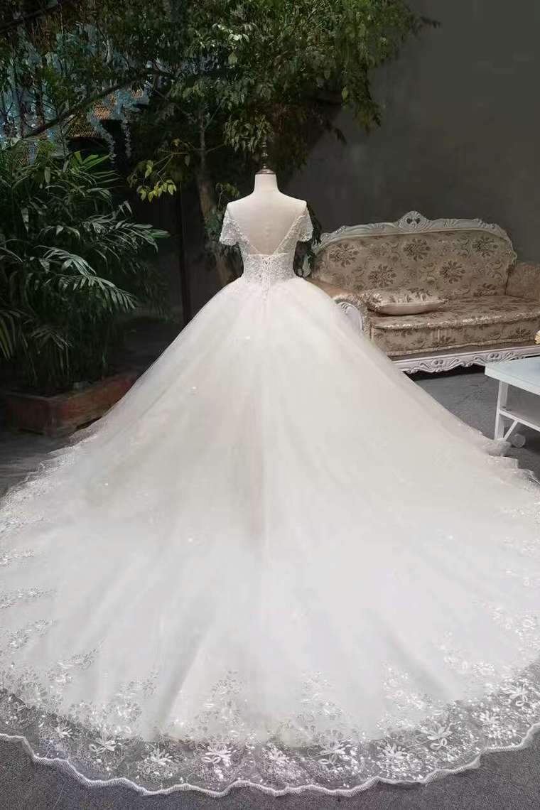 Hot Selling Cheap Price Tulle Scoop Neck Wedding Dresses Lace Up With Appliques And Crystals