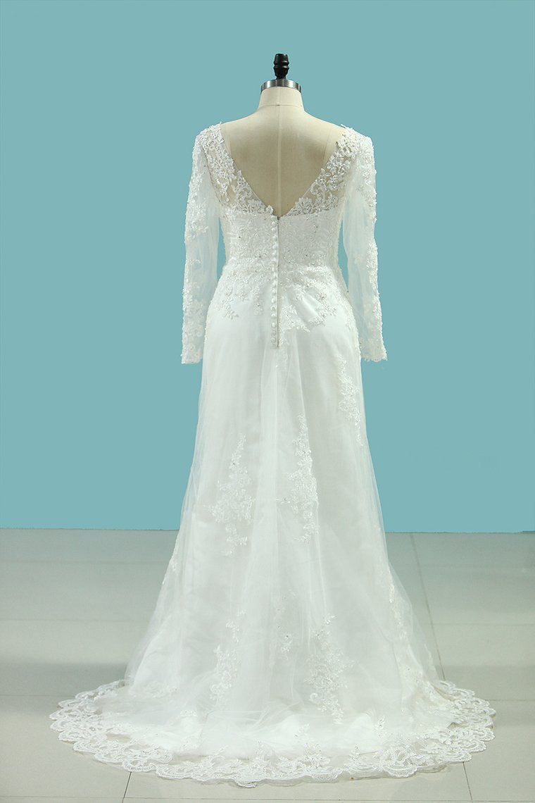 V Neck Sheath Wedding Dresses With Applique Long Sleeves Detachable Train