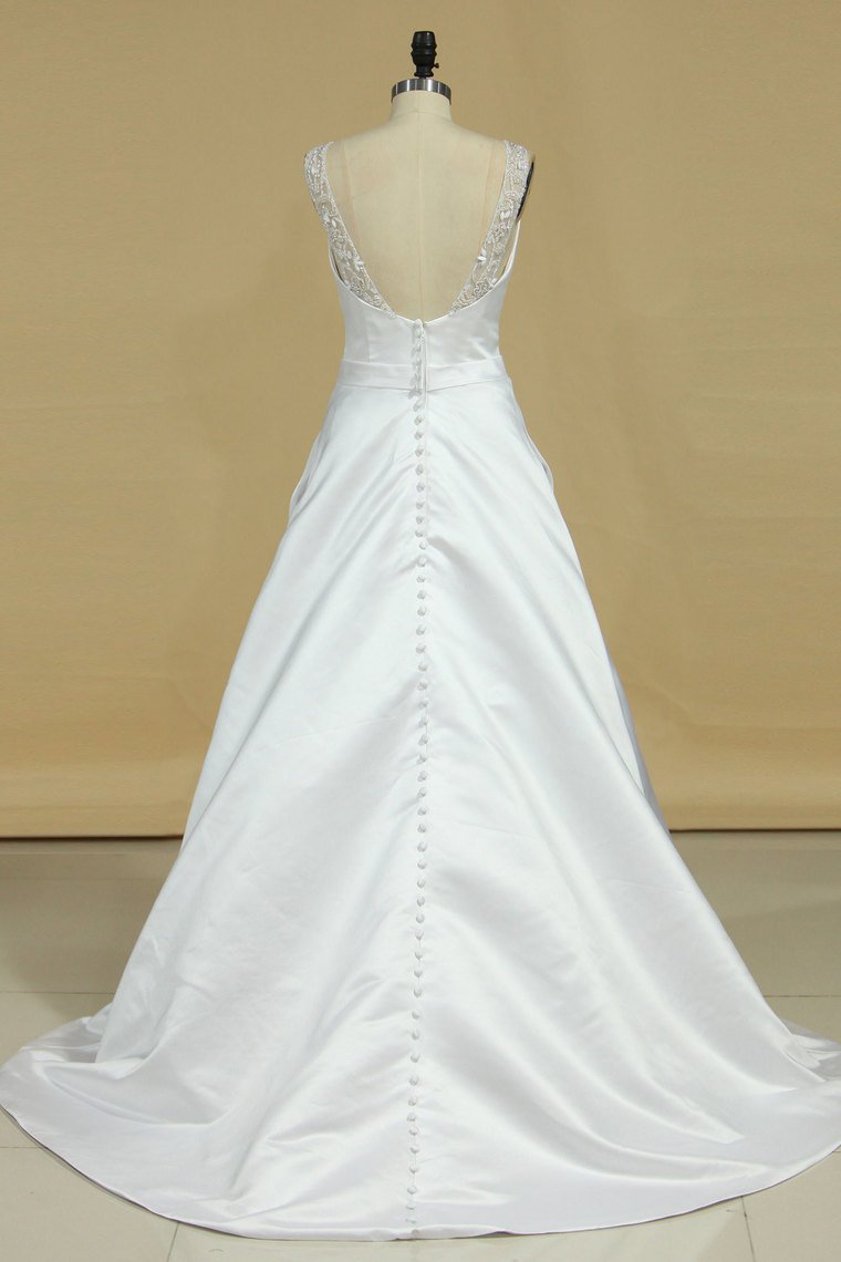 2024 Wedding Dresses A Line Scoop Satin With Beads And Sash