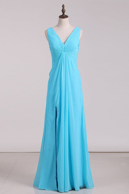 2024 Bridesmaid Dresses V Neck Ruffled Bodice Chiffon Floor Length With Slit