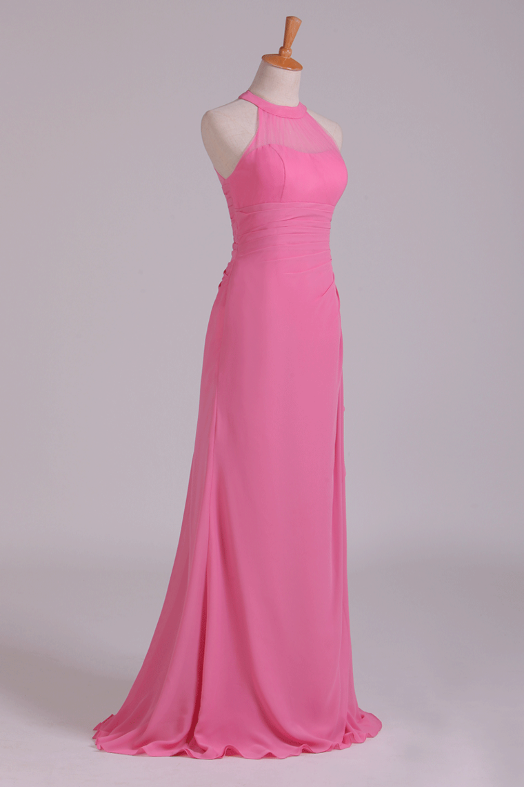 2024 Scoop Sheath Bridesmaid Dress Chiffon With Ruffles Floor Length