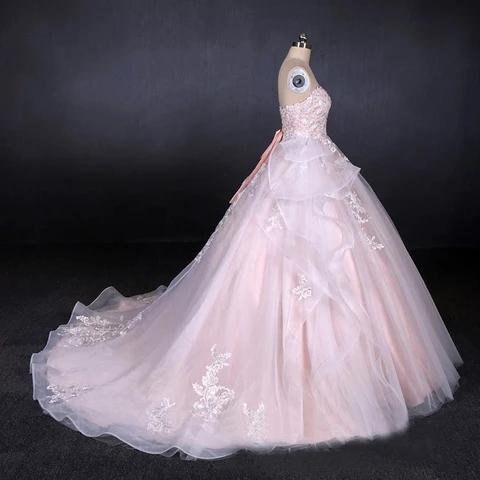 Ball Gown Strapless Sweetheart Wedding Dresses with Lace Applique, Tulle Prom Dresses SRS15070