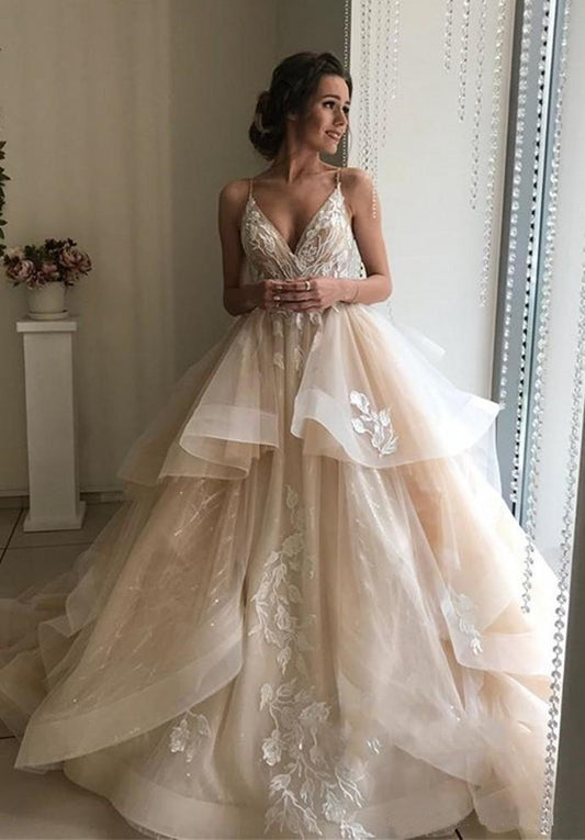 Spaghetti Straps V Neck Wedding Dresses with Layer, Sleeveless Wedding Gowns SRS15424