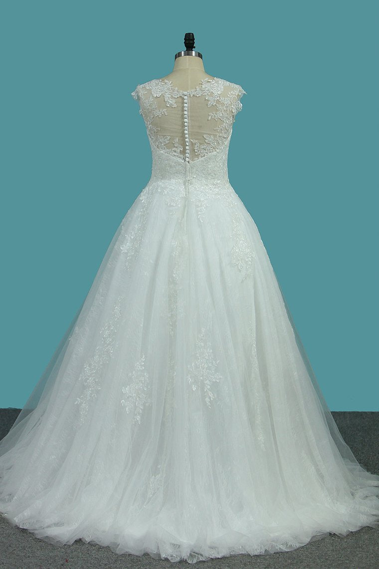 Scoop Tulle & Lace A Line With Applique Sweep Train Wedding Dresses