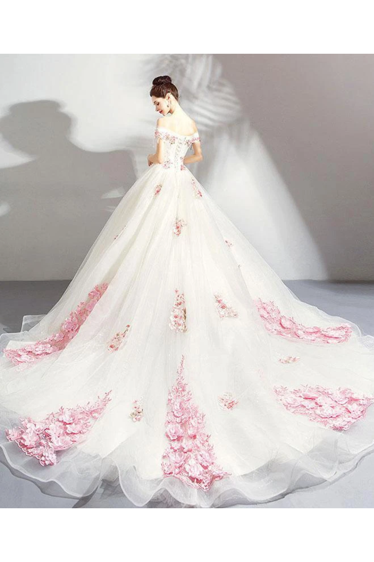 Unique Off The Shoulder Tulle Wedding Dress With Pink Flowers Ball Gown Wedding SRSPQ4NB2CL