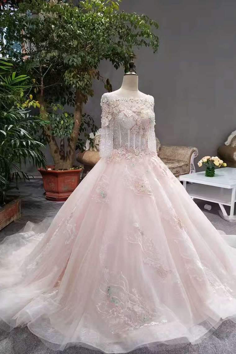 New Arrival Pink Wedding Dresses Lace Up Long Sleeves With Appliques And Beading Lace Up