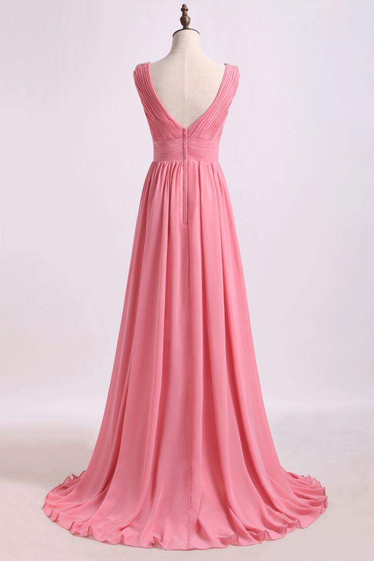 V Neck A Line Chiffon Bridesmaid Dress With Beads Floor Length