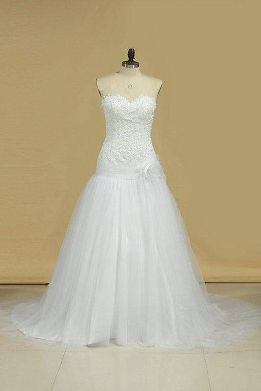 Tulle Sweetheart With Applique Wedding Dresses A Line Sweep Train