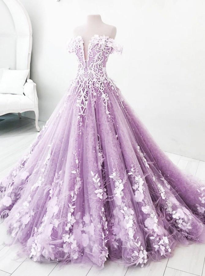 Ball Gown Off the Shoulder V Neck Tulle Lavender Beads Prom Dresses, Quinceanera Dresses SRS15562