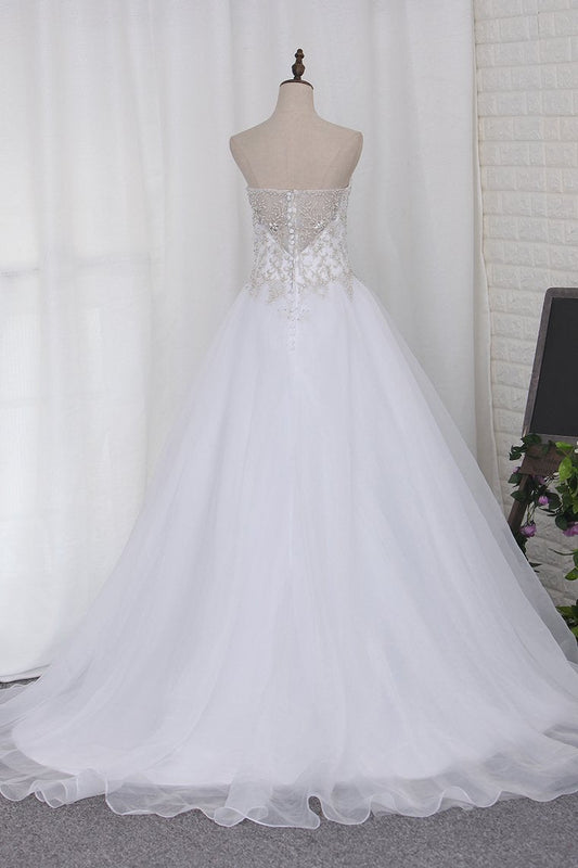 2024 A Line Sweetheart Beaded Bodice Wedding Dresses Organza Court Train