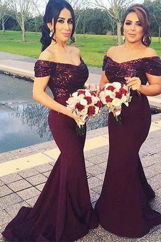 Stunning Off Shoulder Sweep Train Burgundy Mermaid Bridesmaid Dress with Sequins