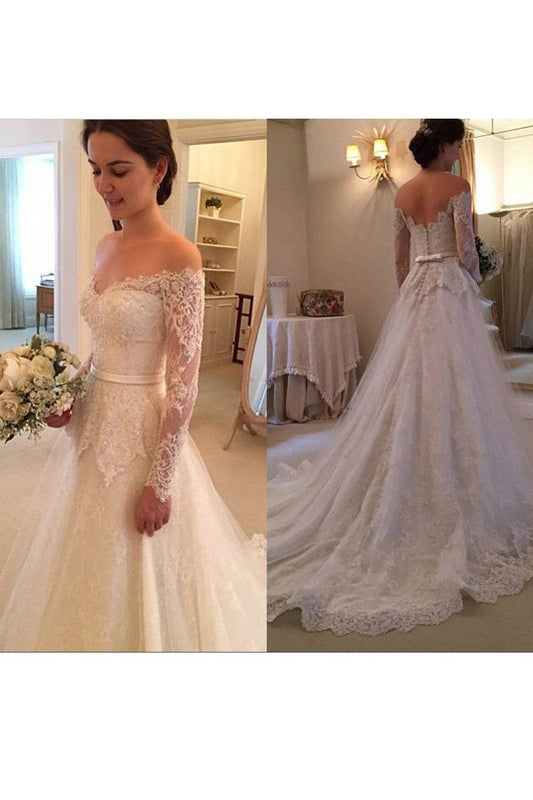 2024 Wedding Dresses A Line Long Sleeves Tulle With Applique And Sash