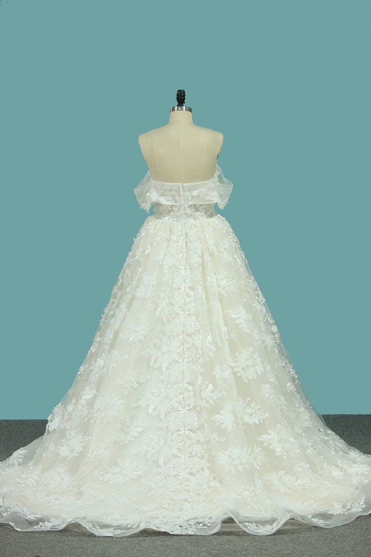 A Line Lace Off The Shoulder Wedding Dresses Chapel Train New Arrival