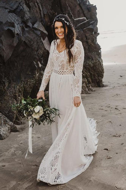 Charming A Line Long Sleeves V Neck Lace Ivory Beach Wedding Dresses, Bridal SRS20395