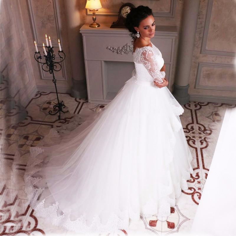 Ball Gown Lace Tulle 3/4 Sleeves Scoop White Lace up Wedding Gowns Wedding Dresses