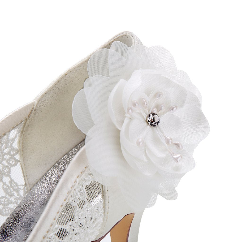 Ivory High Heels Lace Wedding Shoes with Flowers Wedding Party Shoes Wedding SRS12497