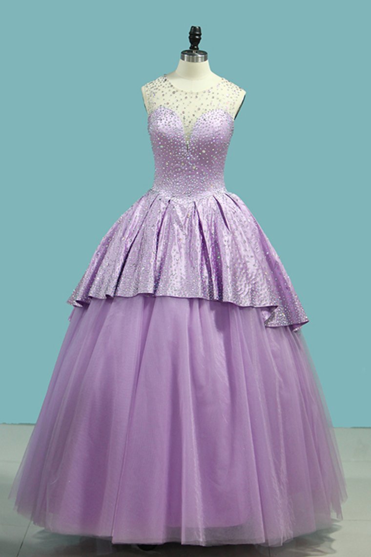 Scoop Ball Gown Quinceanera Dresses Tulle & Satin With Beads Open Back