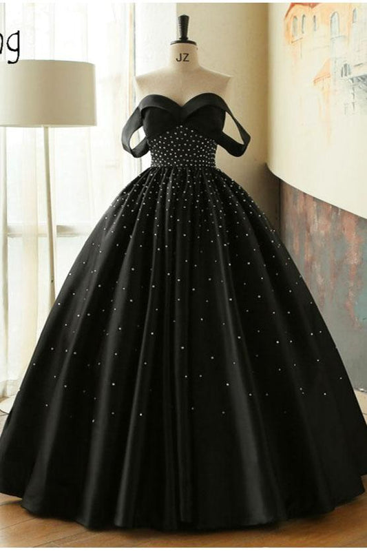 Ball Gown Black Sweetheart Off the Shoulder Satin Beading Prom Quinceanera Dresses JS67