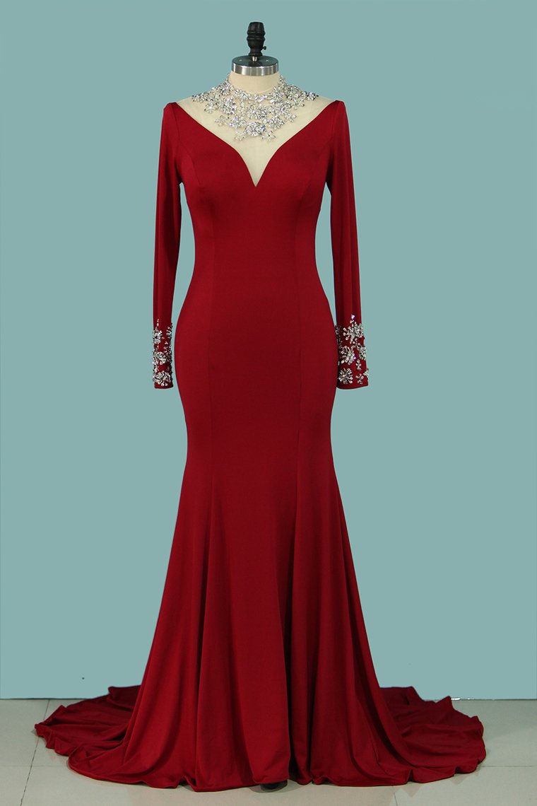 High Neck Mother Of The Bride Dresses Long Sleeves Spandex With Beading