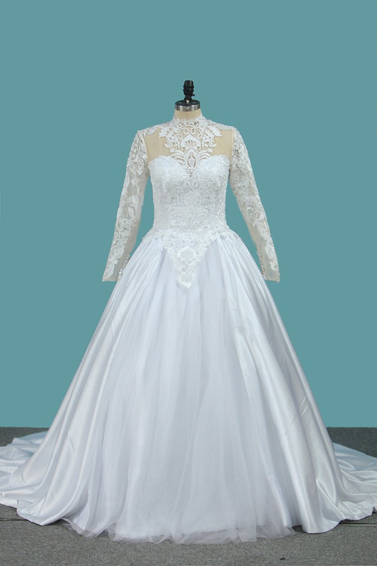 2024 A Line Long Sleeves High Neck Tulle With Applique Chapel Train Detachable Wedding Dresses