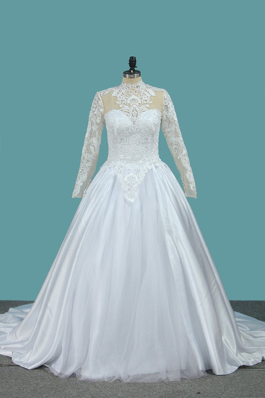 2024 A Line Long Sleeves High Neck Tulle With Applique Chapel Train Detachable Wedding Dresses