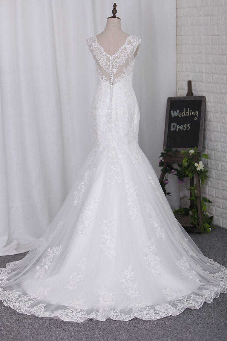 2024 Mermaid V Neck Wedding Dresses Tulle With Applique Chapel Train Detachable