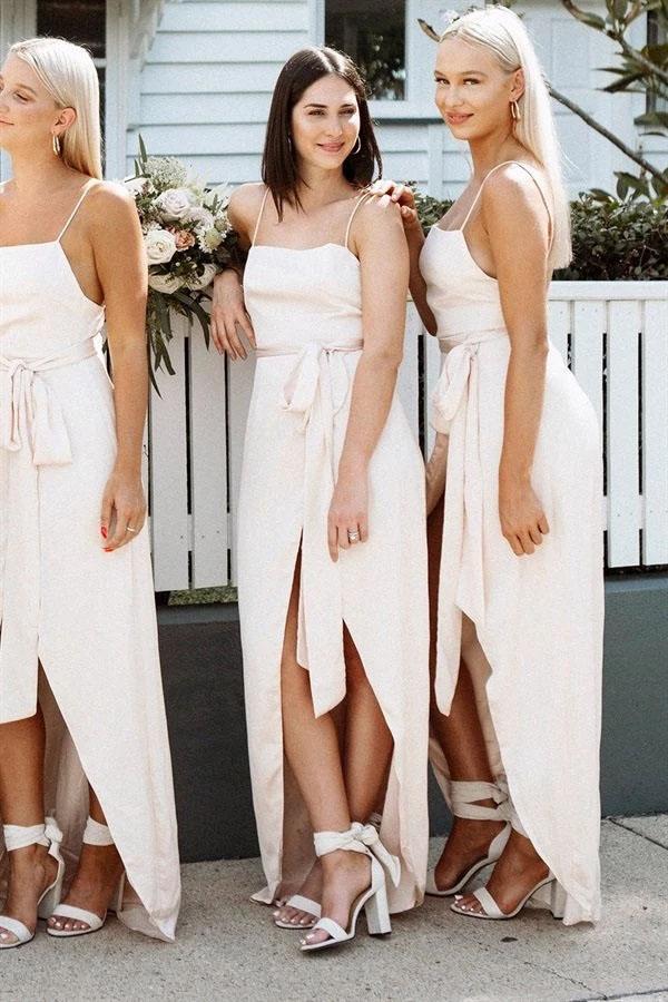 A Line Chiffon Spaghetti Straps Blush Pink Bridesmaid Dresses with Split, Long Prom Dress SRS15486