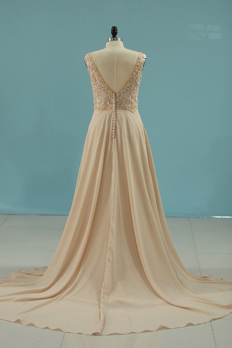 2024 V Neck Wedding Dresses A Line Chiffon With Beads And Embroidery