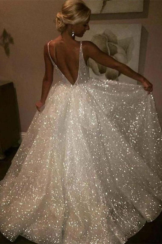 Pretty Long Ivory Sequin Shiny Lace Long Prom Dresses Wedding Dresses