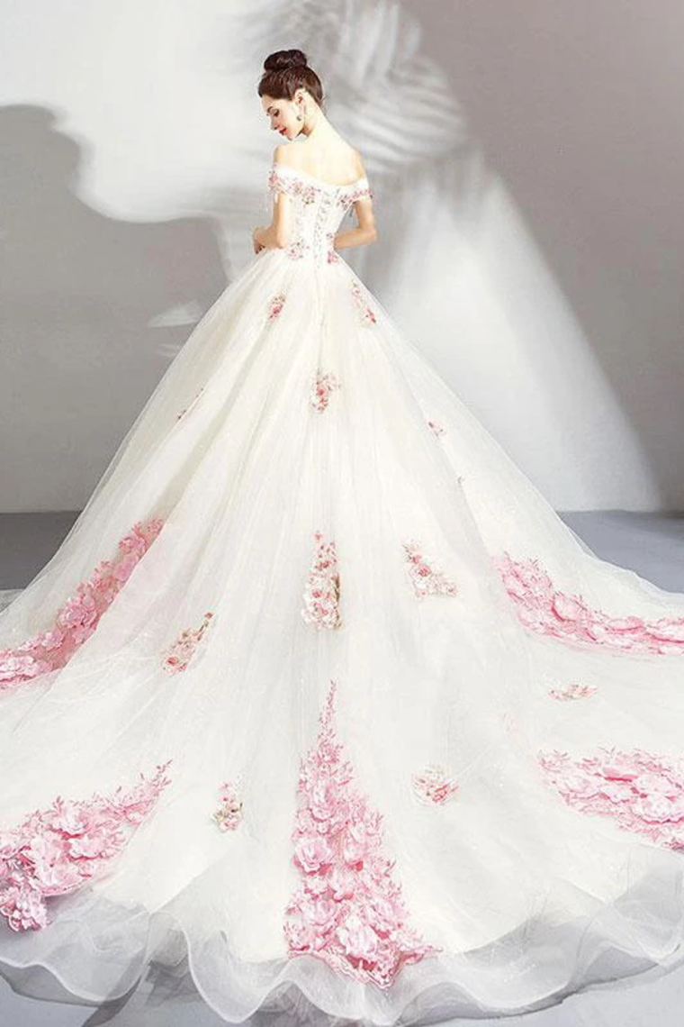 Unique Off The Shoulder Tulle Wedding Dress With Pink Flowers Ball Gown Wedding SRSPQ4NB2CL