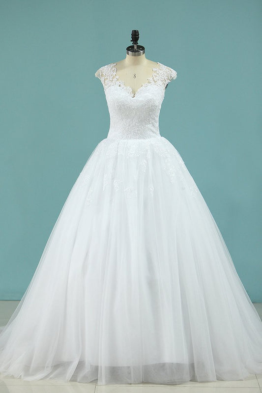 Straps Wedding Dresses Ball Gown Tulle With Applique Chapel Train