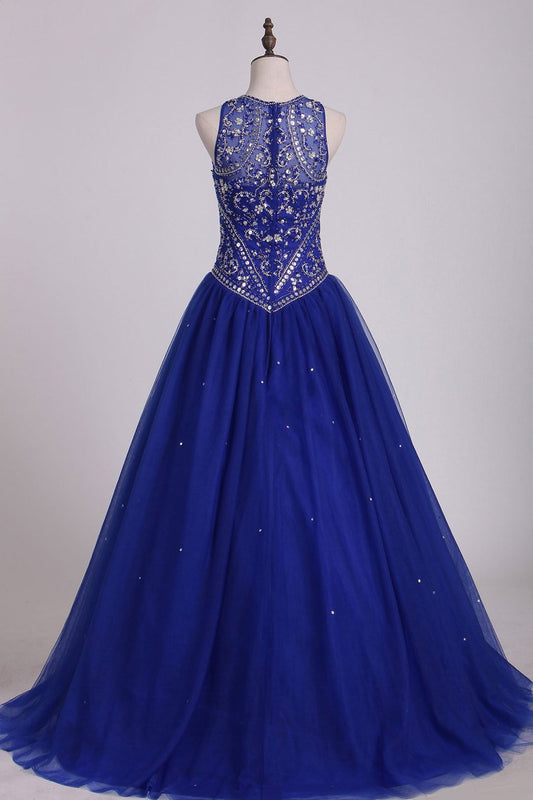 Dark Royal Blue Scoop Quinceanera Dresses Ball Gown Tulle With Beading Court Train