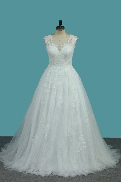 2024 Scoop Tulle & Lace A Line With Applique Sweep Train Wedding Dresses