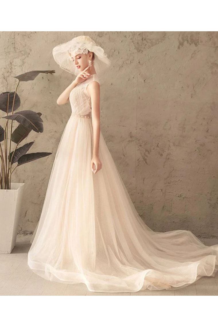 Ivory Jewel Sleeveless Tulle Wedding Dress With Lace A Line Pleats Open Back Bridal SRSPXNMNP57