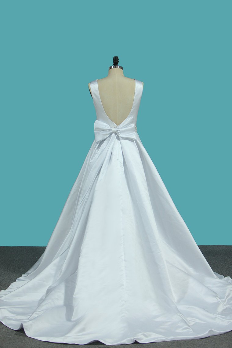 2024 Satin Bateau A Line With Beads And Bow Knot Wedding Dresses