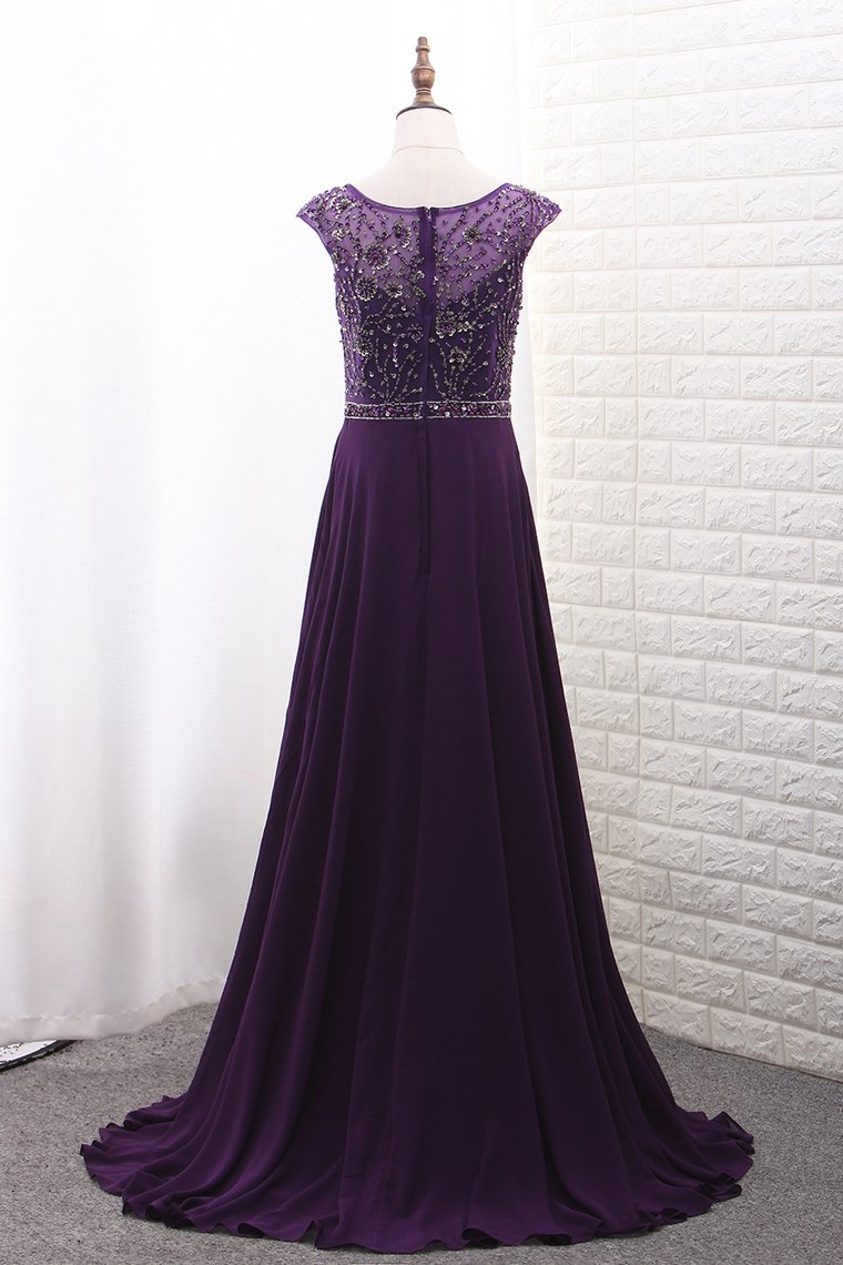 Chiffon Mother Of The Bride Dresses Scoop A Line With Beads Bodice Sweep Train