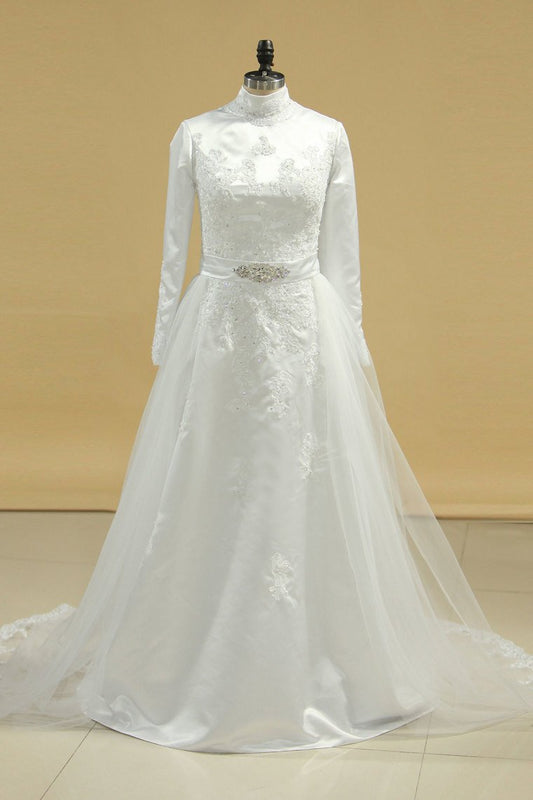 Wedding Dresses Muslim High Neck Sheath Satin & Tulle With Applique